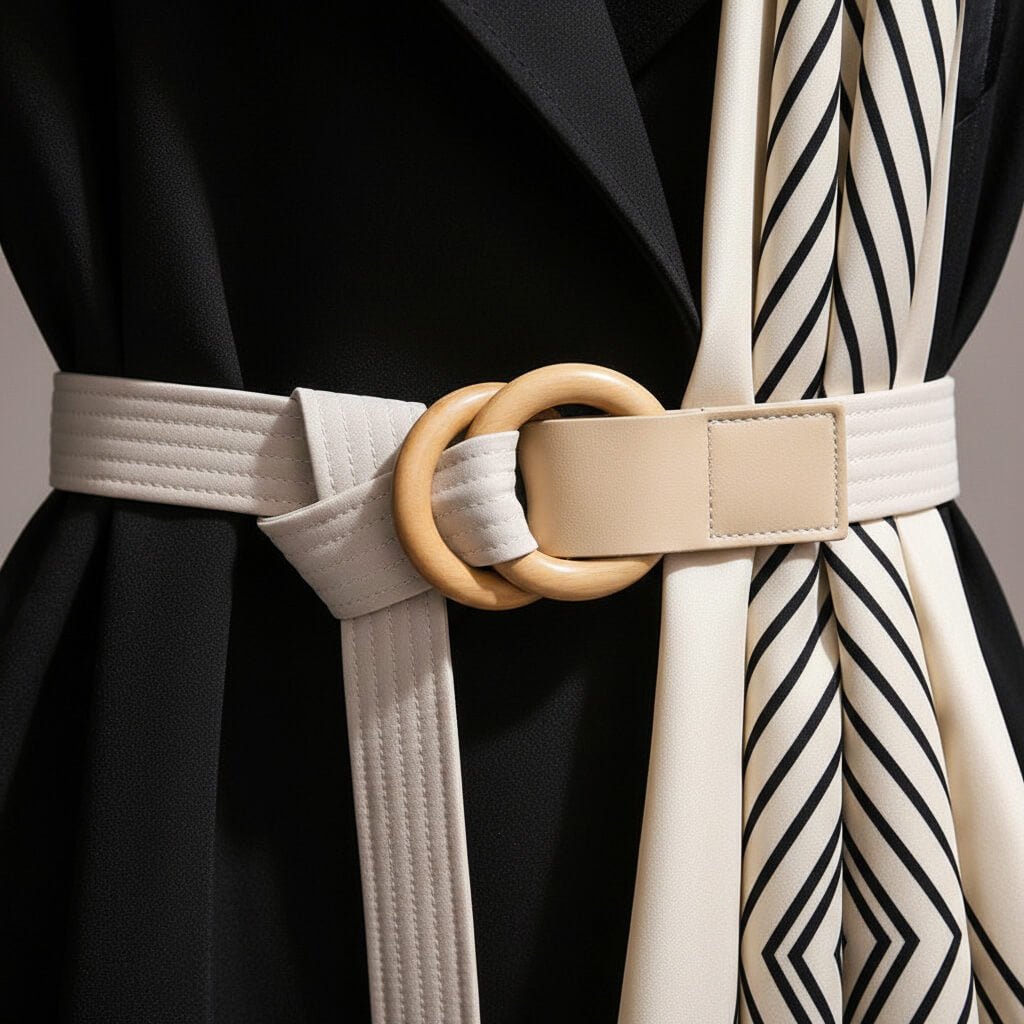 Stylish woman wearing a long belted trench coat with scarf detail, showcasing a chic, modern fall/winter fashion look.