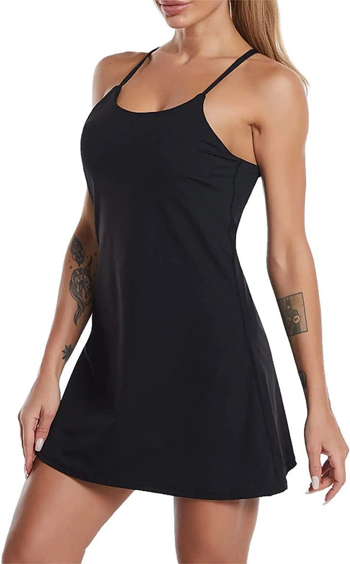 Liana women's active sports dress in blue, featuring built-in shorts and convenient pockets for workout.
