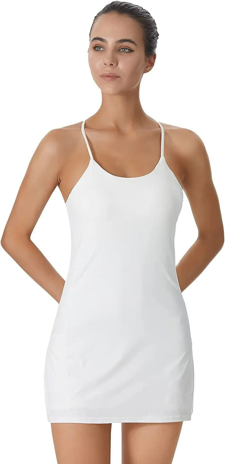 Detail shot of the secure built-in shorts underneath the Liana women's active sports dress.