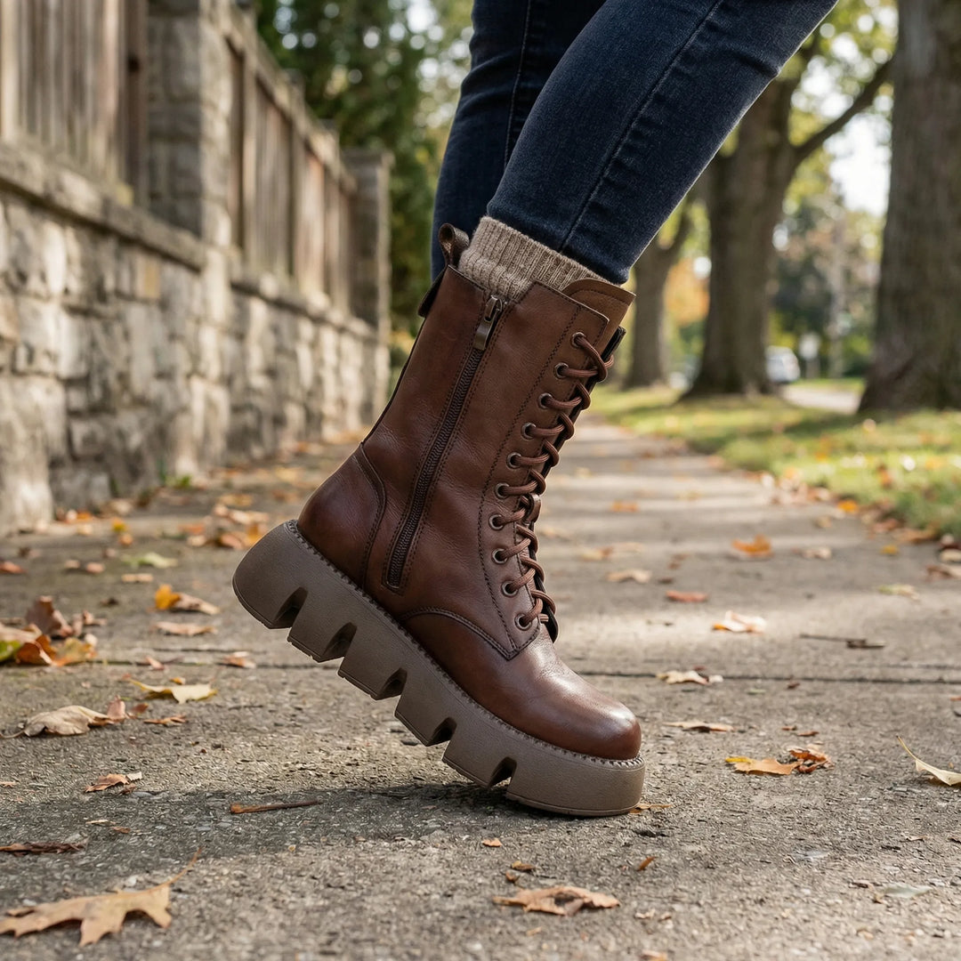 Women's black arch support platform lace-up combat boots. Comfortable & stylish for fall/winter fashion.
