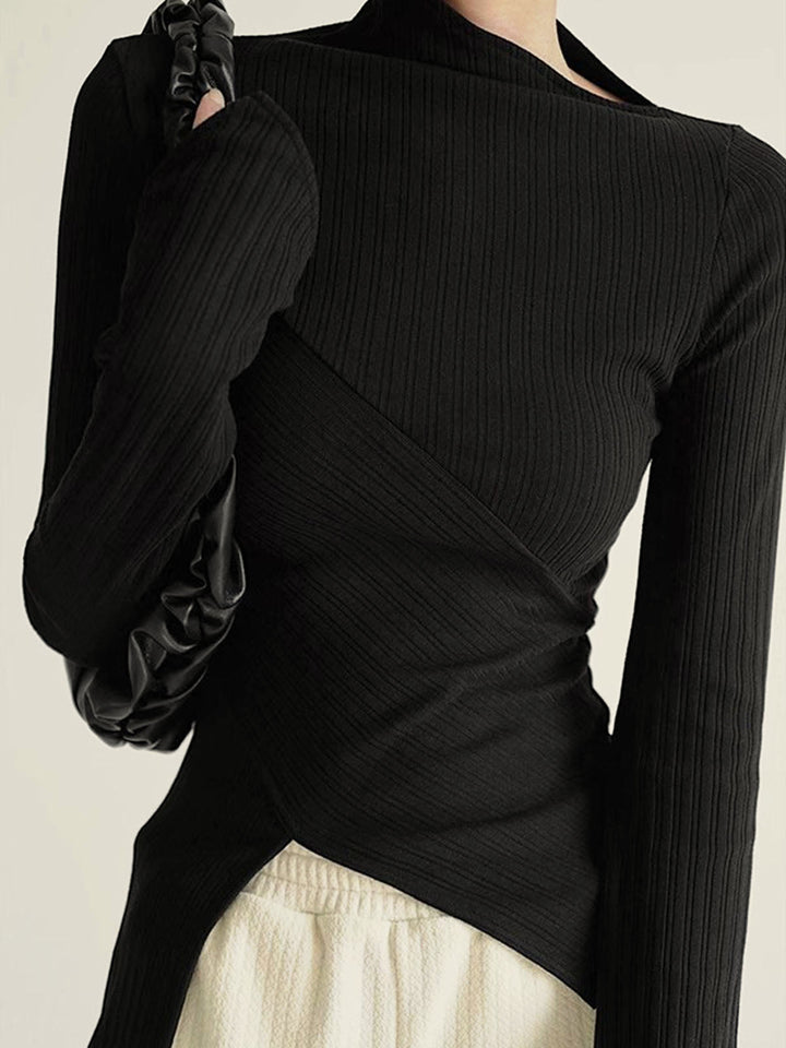 Fashionable women's asymmetrical jumper with modern shoulder cutout, long sleeves, versatile black knit.