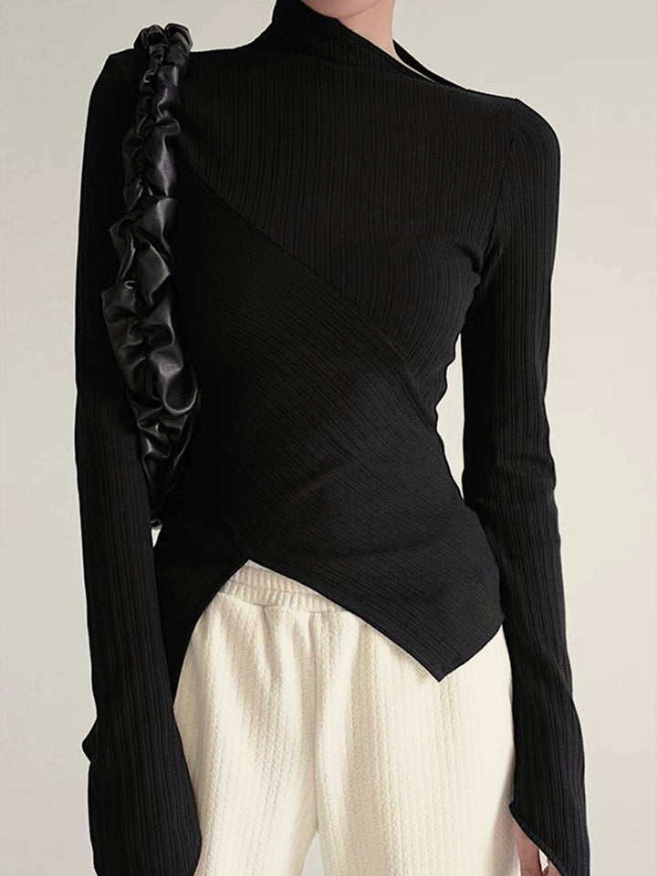 Comfortable women's cotton blend asymmetrical black jumper, long sleeve with chic cutout detail.
