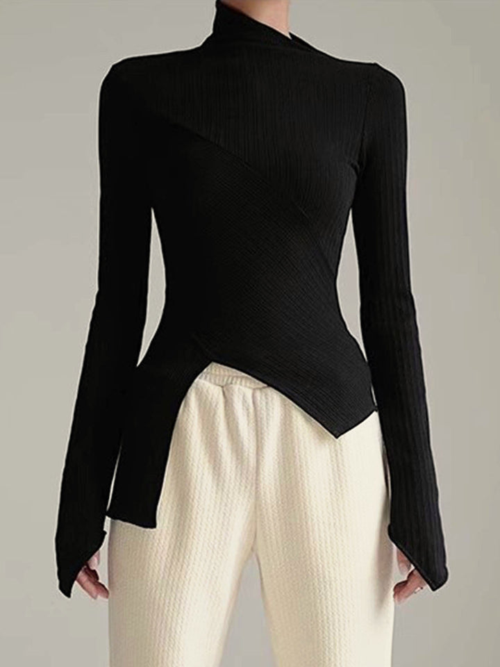 Chic women's long sleeve asymmetrical black jumper, perfect casual cutout top for modern wardrobes.