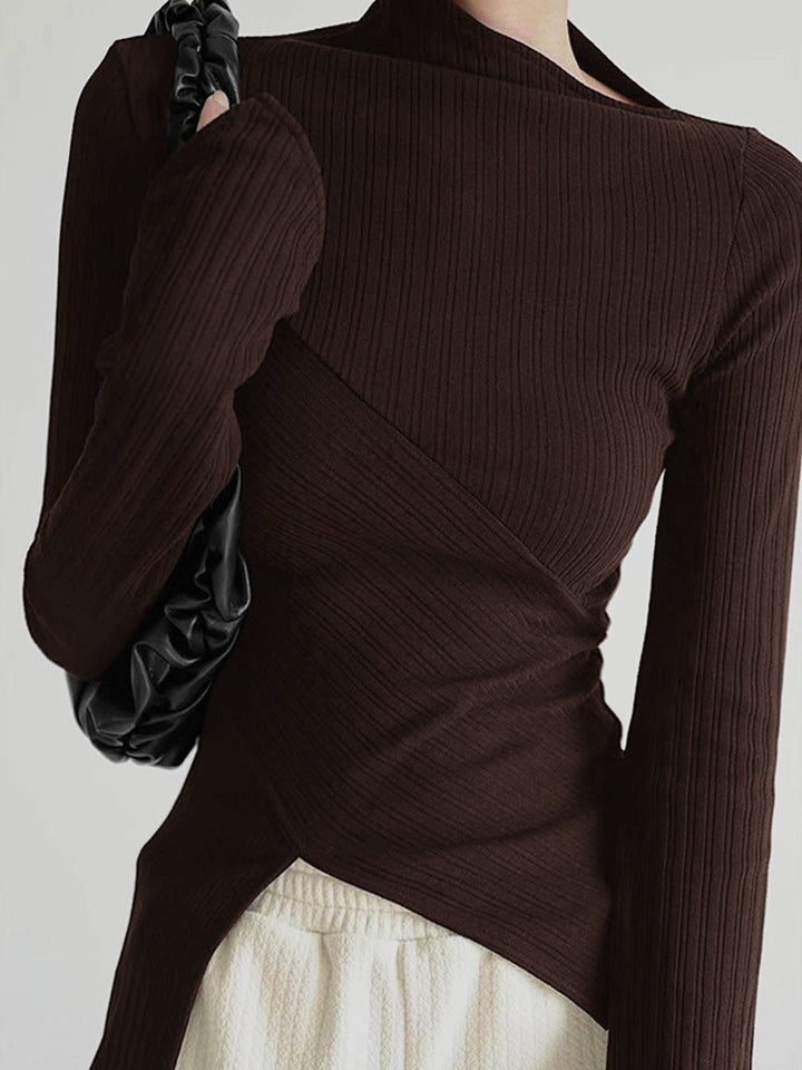 Stylish women's brown asymmetrical knit jumper with shoulder cutout, comfortable long sleeve design.