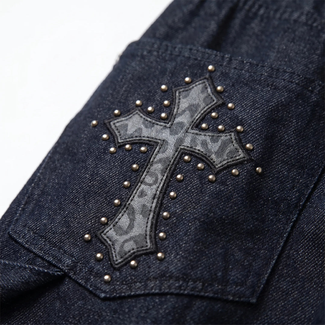 Comfortable women's black wide-leg baggy pants showcasing a bold studded cross, great for casual grunge wear.