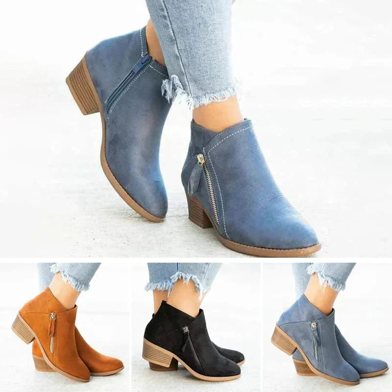 Versatile women's block heel ankle boots, perfect for casual or dressed-up looks. Features a side zip and comfortable design.