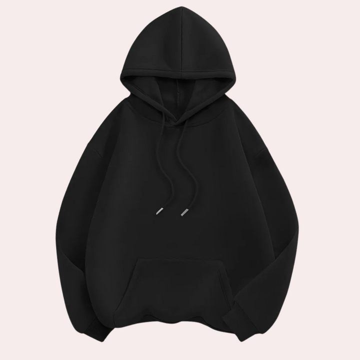 Women's black casual hoodie, perfect for everyday comfort & cozy loungewear. Relaxed fit pullover.