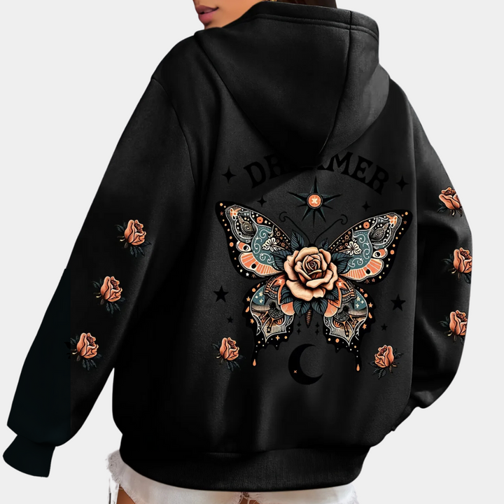 Stylish women's black hoodie, ideal for fall & winter fashion. Comfortable long sleeve casual top.