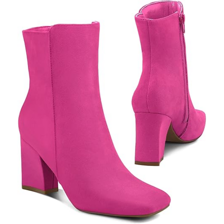 Women's black chunky block heel ankle boots with square toe, mid-calf design, and side zipper for comfort