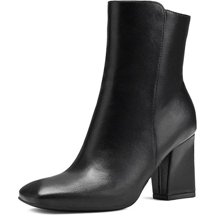 Versatile women's black chunky block heel ankle boots, square toe, and comfortable design by Jamie