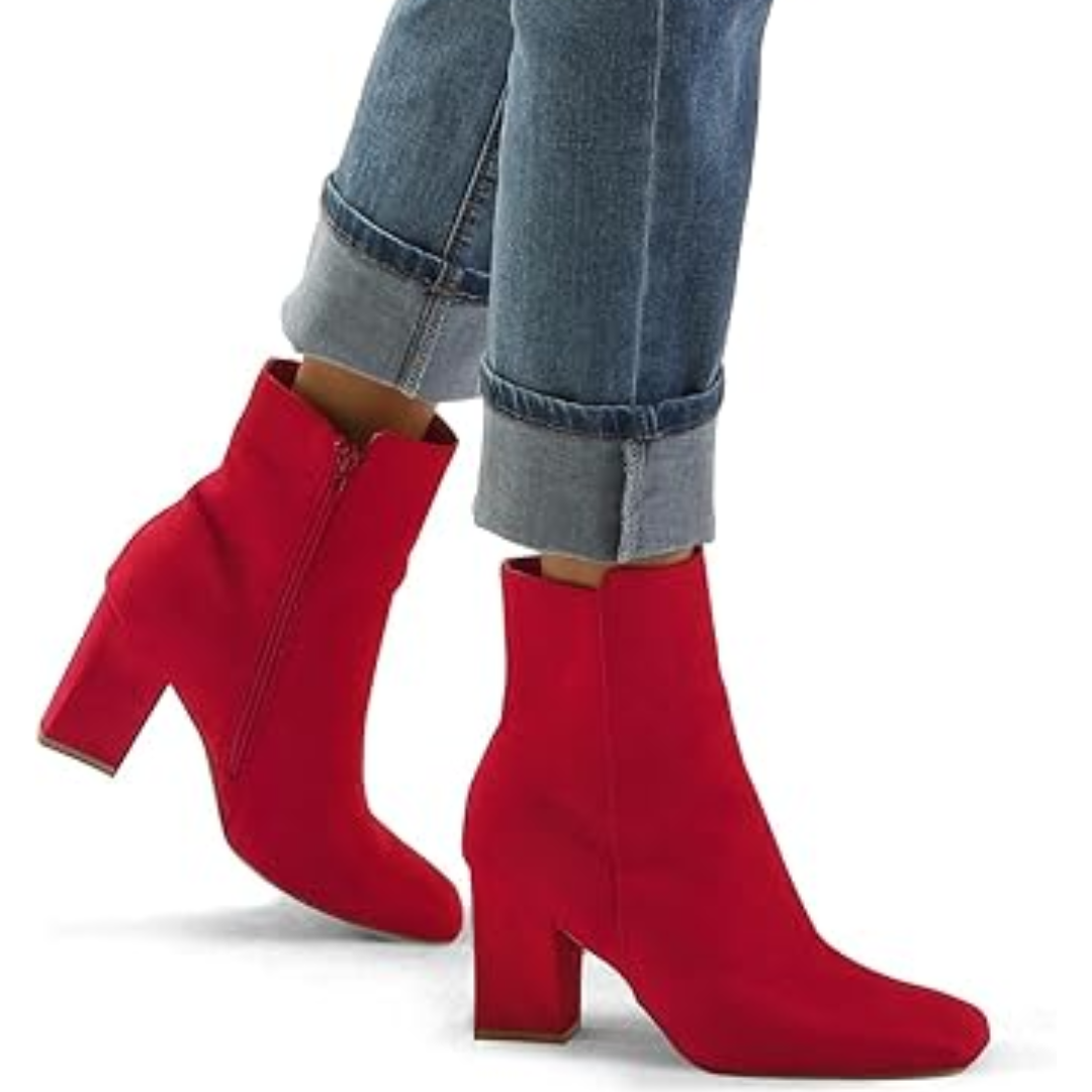 Trendy women's black ankle boots with a chunky block heel, square toe, and convenient side zipper closure