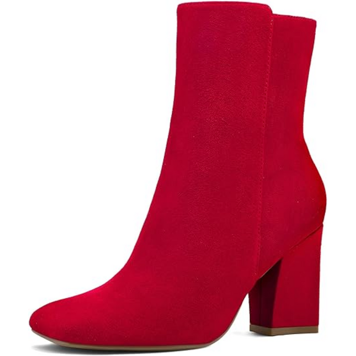 Comfortable women's black chunky block heel ankle boots with a chic square toe and easy side zip