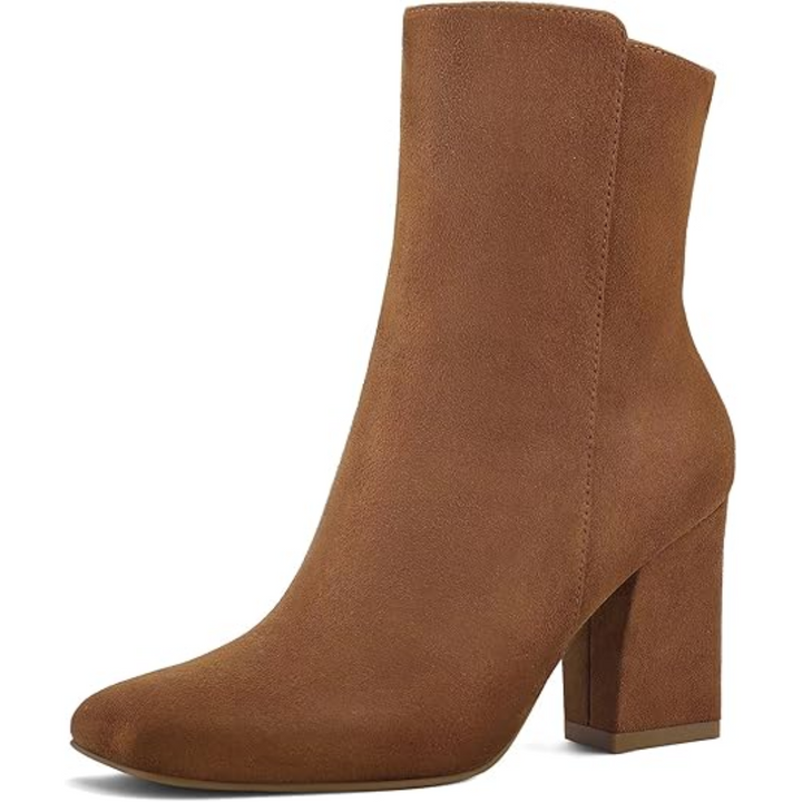 Black chunky block heel ankle boots for women, featuring a square toe and a secure side zipper