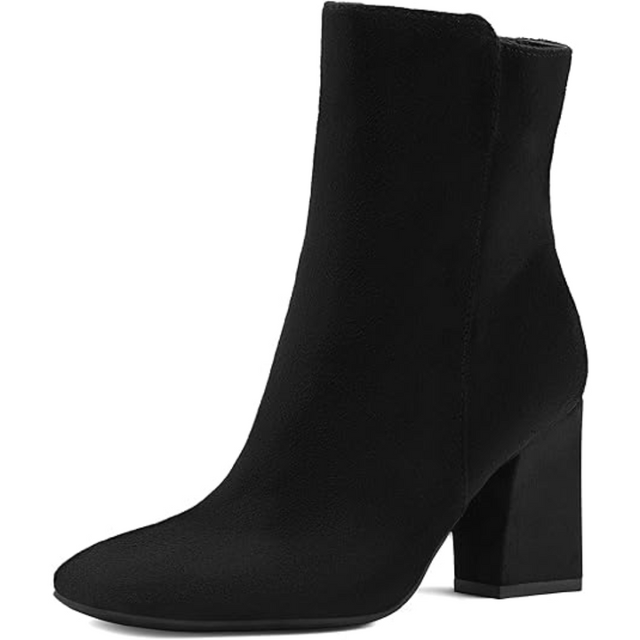Fashion-forward women's black ankle boots with a chunky block heel and contemporary square toe profile