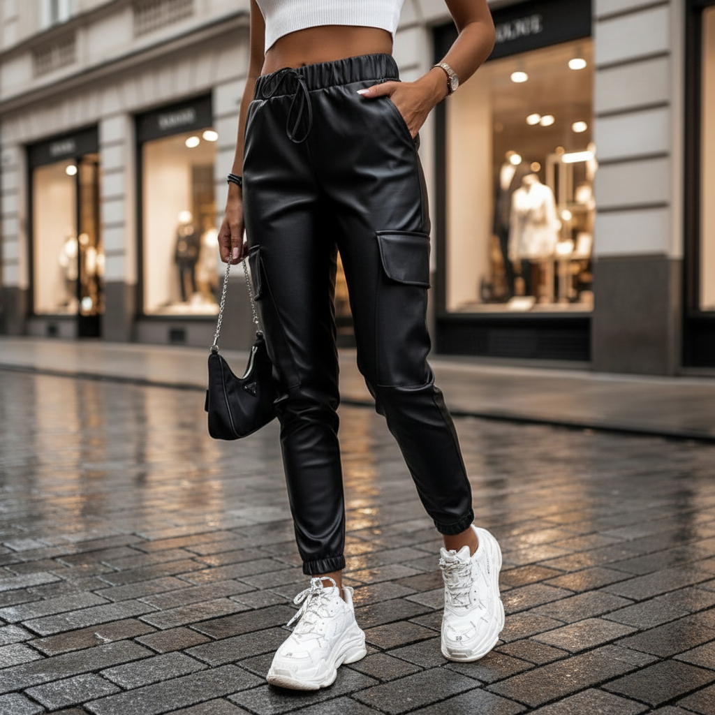 Women's black faux leather cargo pants with elastic waist, designed for stylish casual wear and comfort fit.