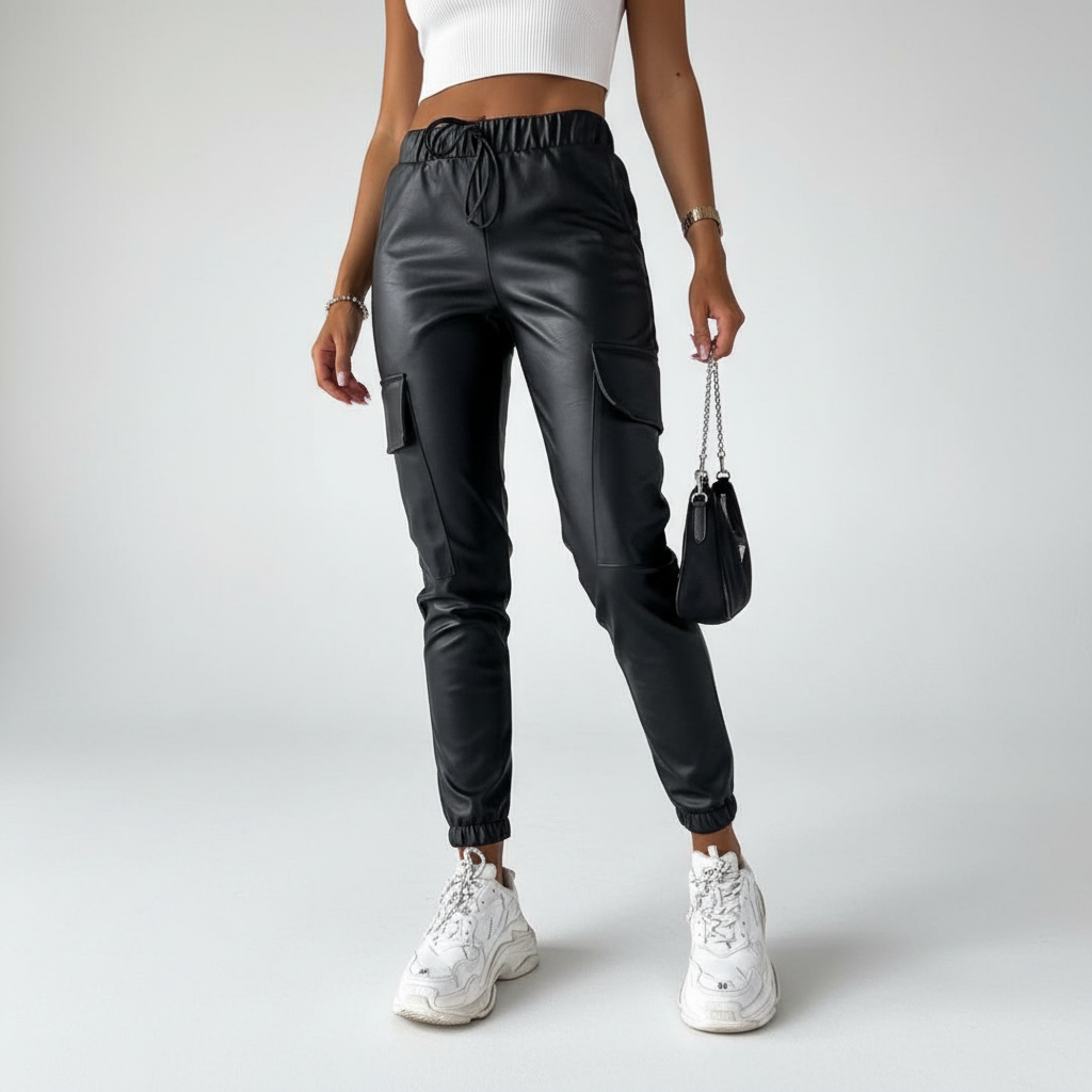 Renate women's cargo pants in black faux leather, featuring an elastic waist for versatile autumn fashion.