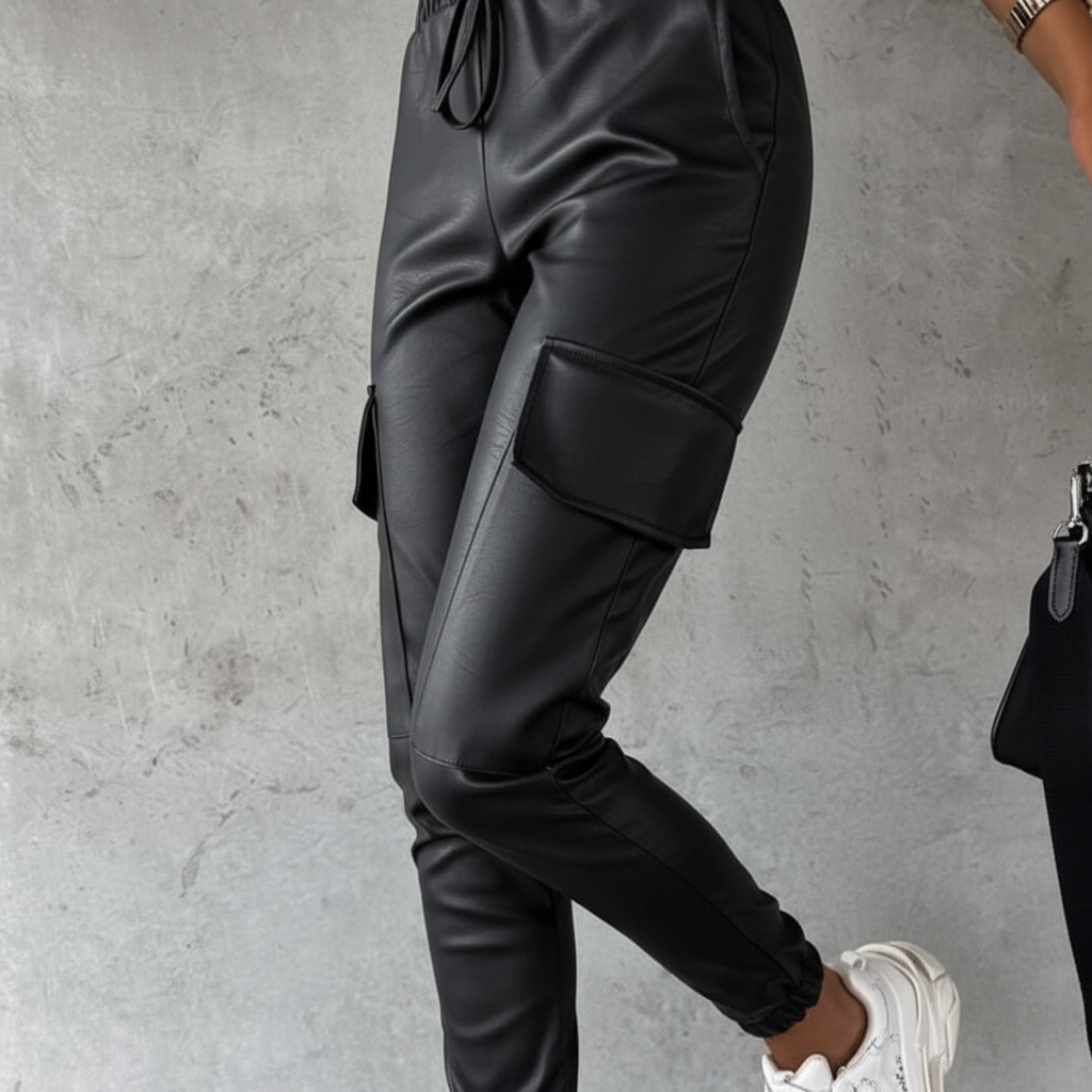 Stylish women's black cargo pants with an elastic waist, offering a comfort fit and versatile casual wear.