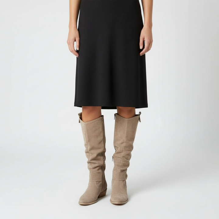 Laura women's elegant faux suede boots featuring a sturdy block heel for versatile styling