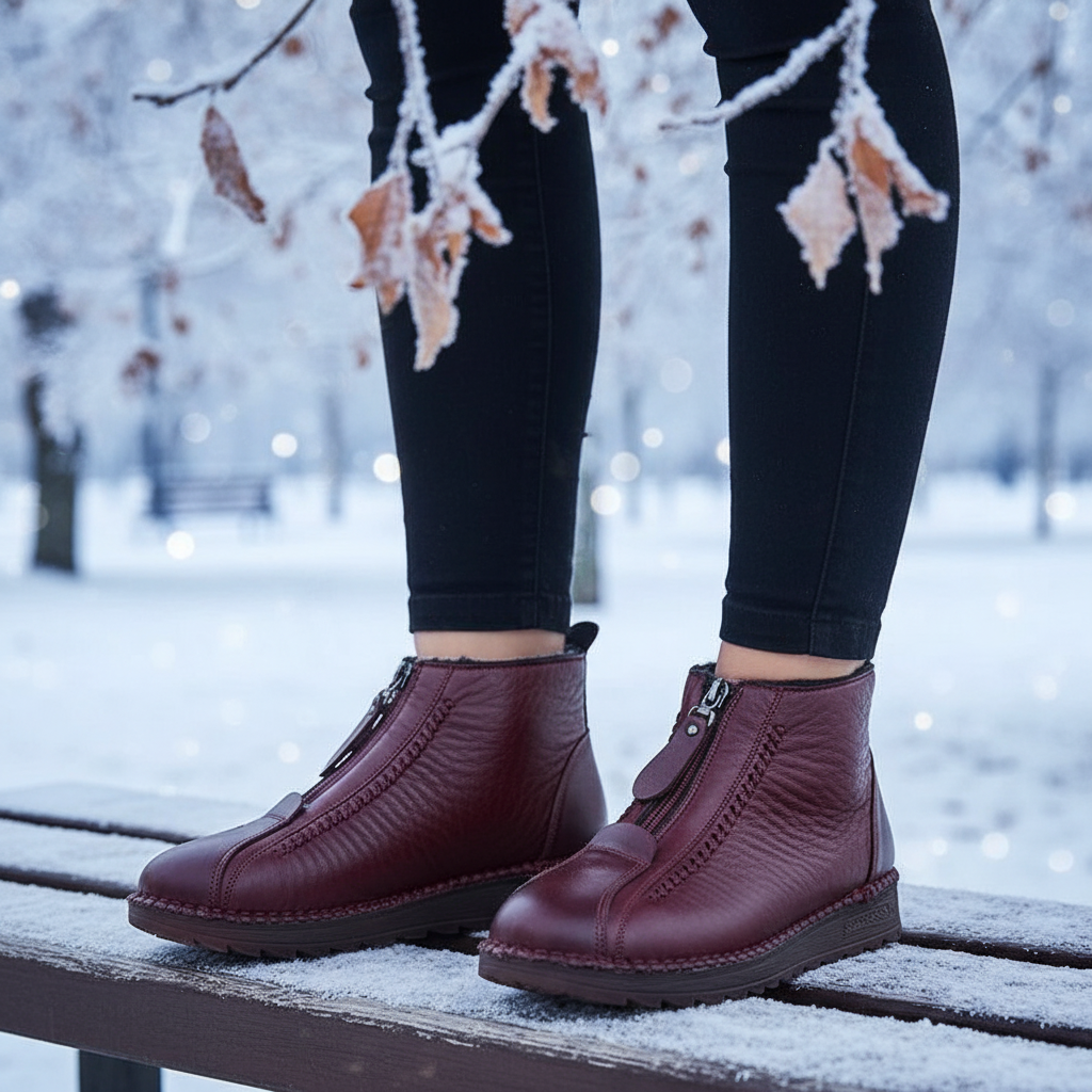 Women's black fleece-lined ankle boots with side zip closure, comfortable for winter fashion