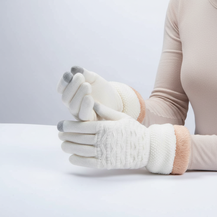 Close-up of women's knit touchscreen gloves showing finger detail and cozy fleece lining