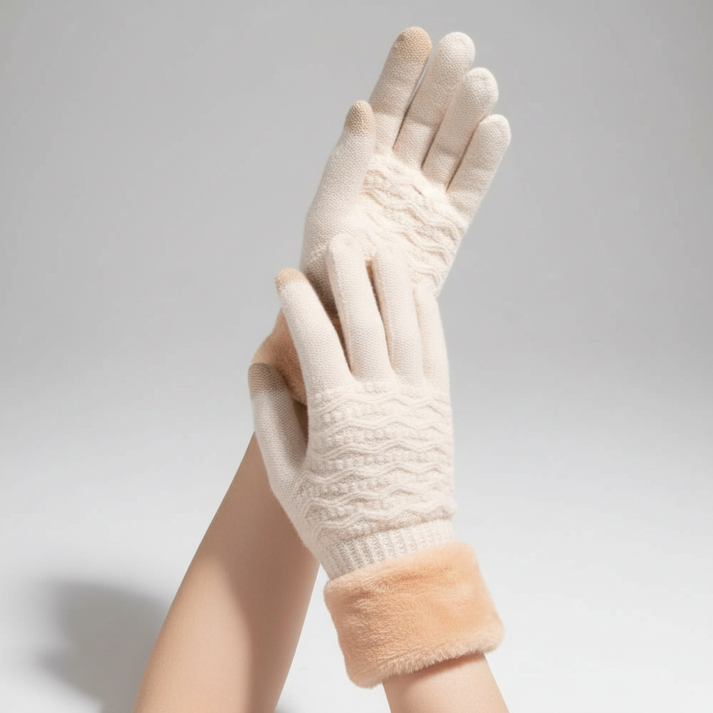 Pair of women's knit fleece gloves, ideal for keeping hands warm and using touchscreens