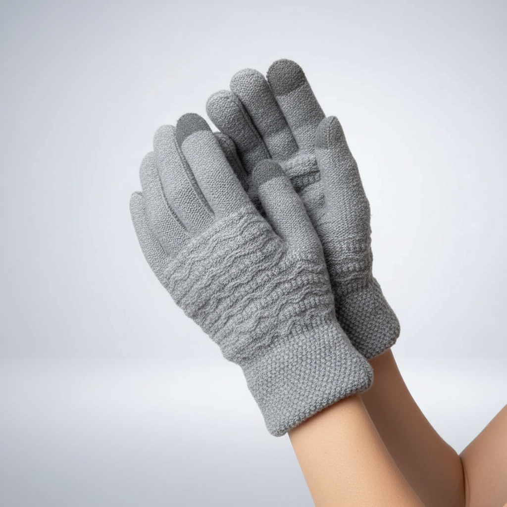 Detail of a woman's hand in a fleece touchscreen glove, highlighting softness and comfort