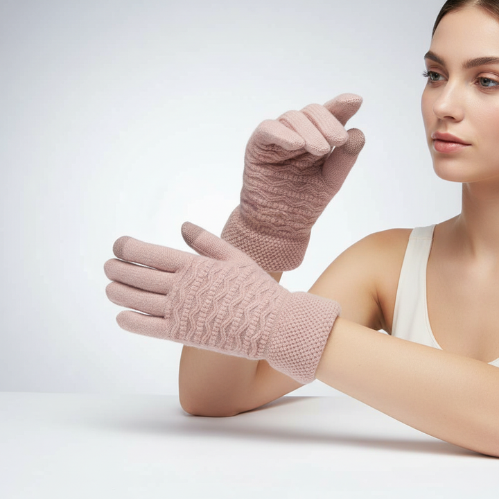 Cozy women's knit gloves with conductive fingertips for touchscreen device interaction