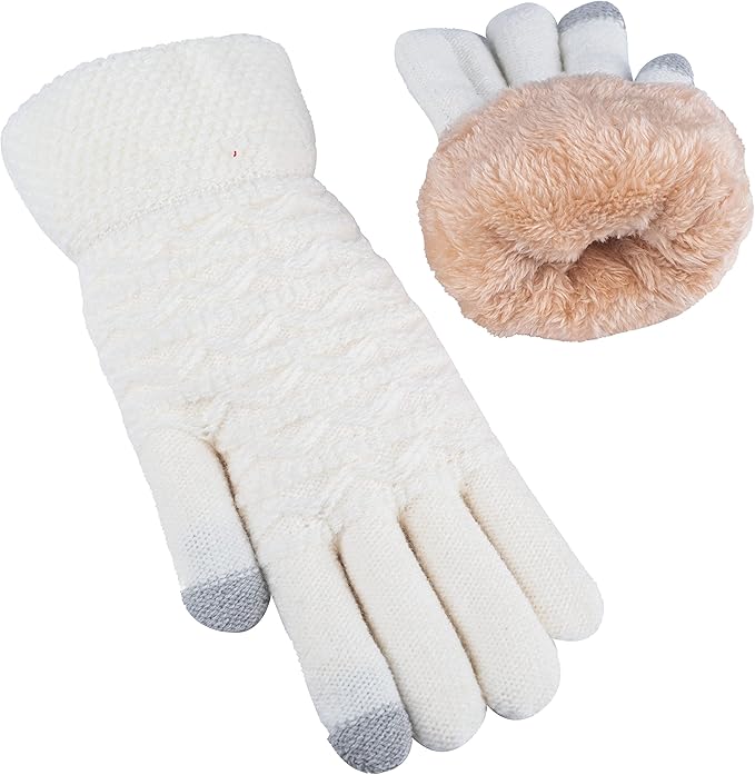 Women's black fleece-lined touchscreen winter gloves with knit pattern, ideal for cold weather.