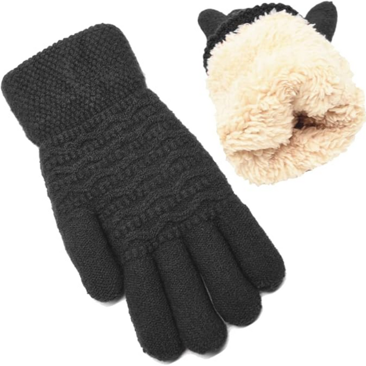 Women's warm winter accessories: a pair of dark gray touchscreen gloves on a snowy background.