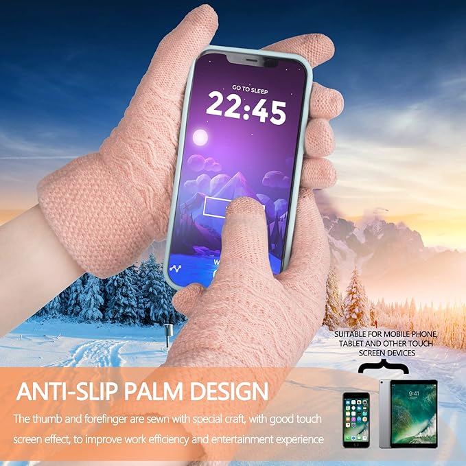 Model wearing women's touchscreen winter gloves, demonstrating ease of smartphone operation.