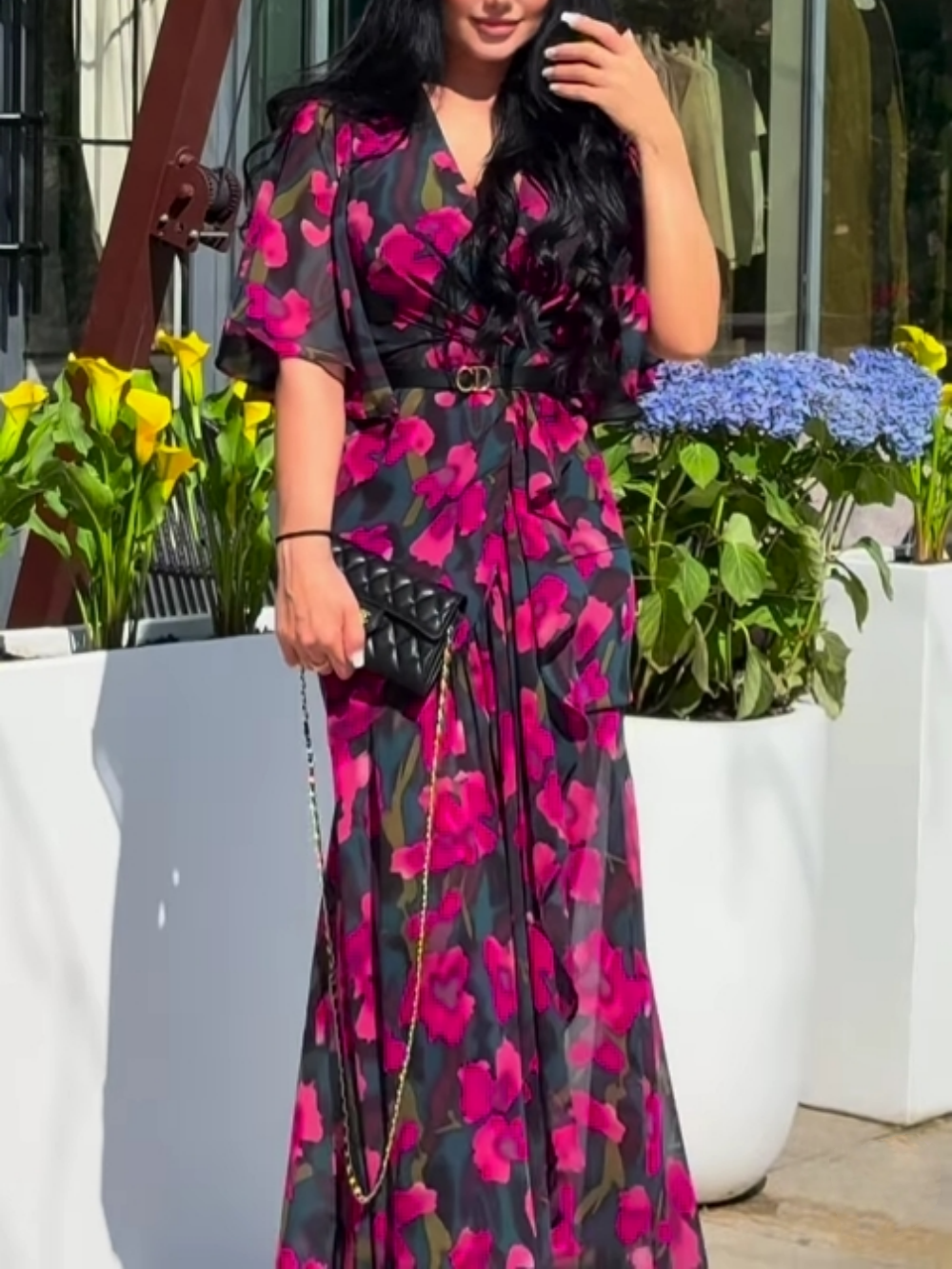 Women's black floral print maxi dress, V-neck, trumpet sleeves & belted waist. Elegant summer wrap dress.