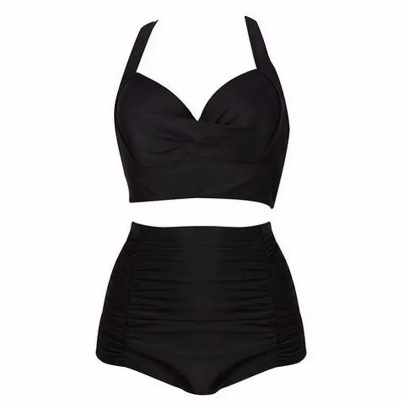 Women's black halter high waist bikini swimsuit set. Perfect for beachwear, summer vacation, and swim.