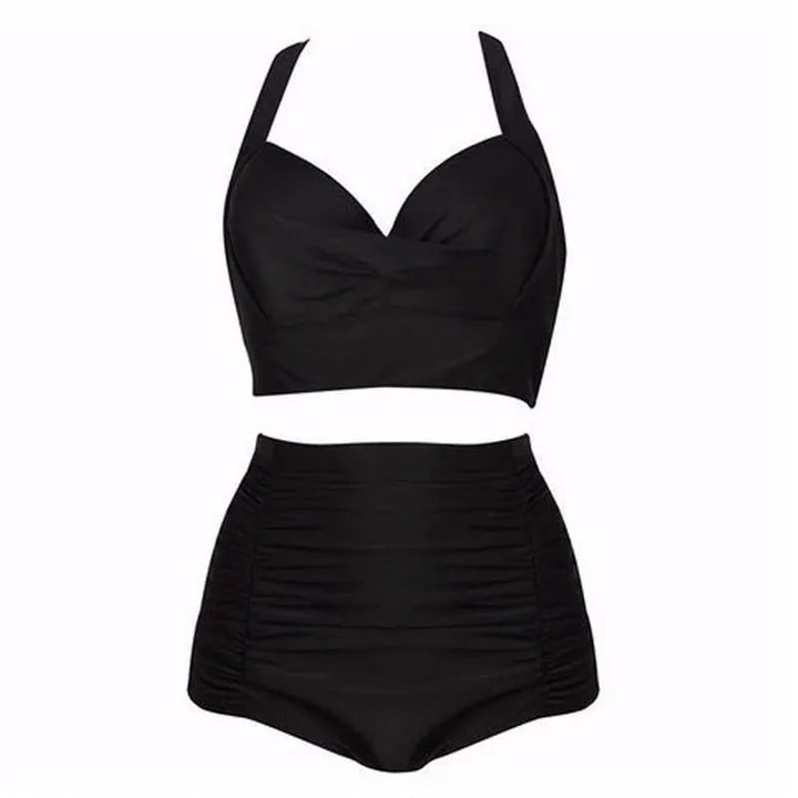 Women's black halter high waist bikini swimsuit set. Perfect for beachwear, summer vacation, and swim.