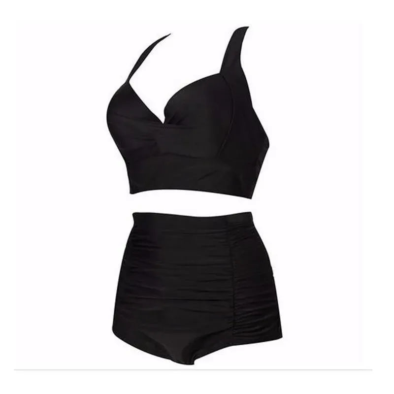 Trendy black high waist bikini swim set for women. Features a halter top, ideal for a chic beach or vacation look.