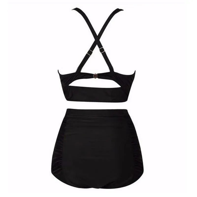 Women's black halter high waist bikini. Comfortable, padded swim set for stylish summer beachwear and vacations.