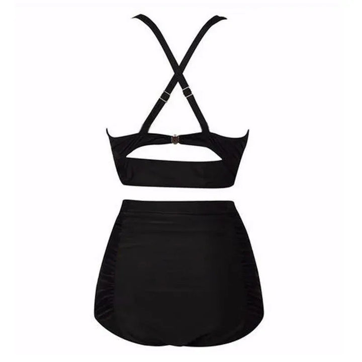 Women's black halter high waist bikini. Comfortable, padded swim set for stylish summer beachwear and vacations.