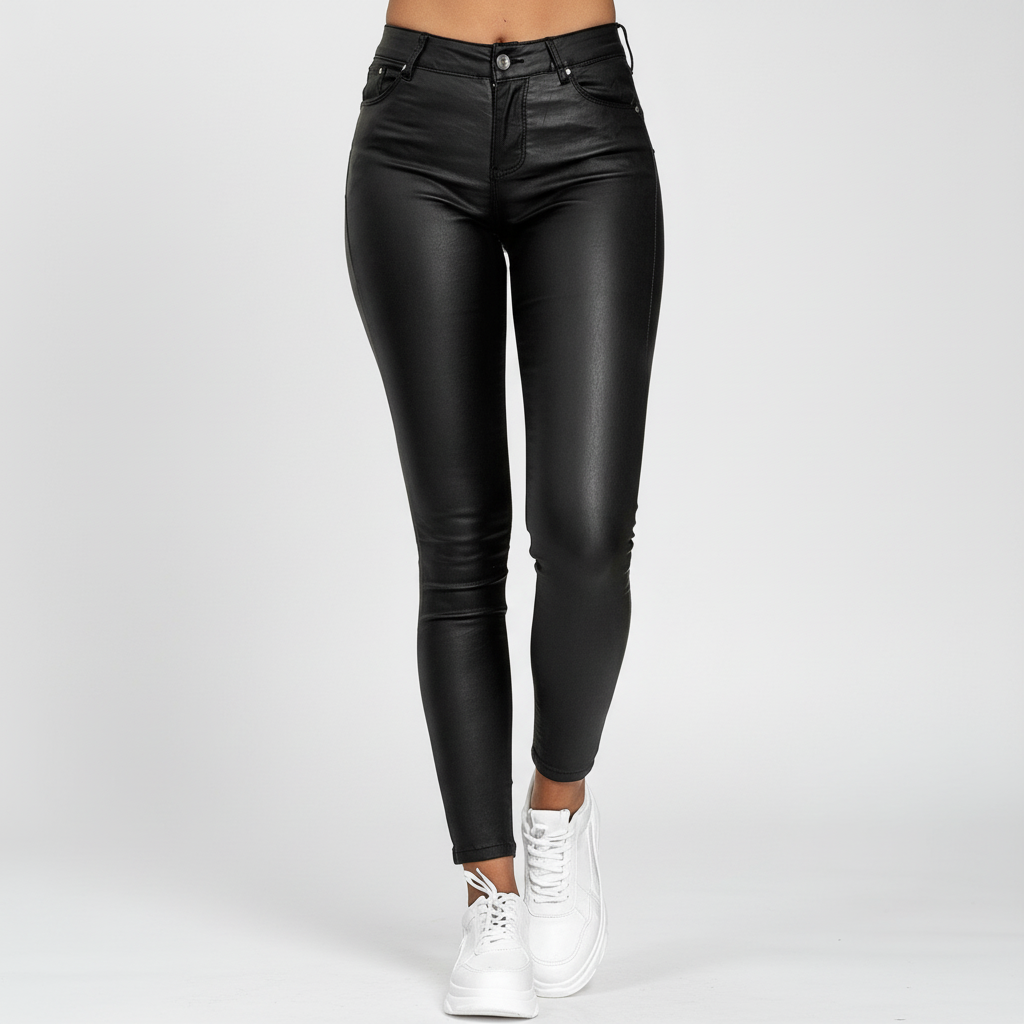 Rear view of women's form-fitting high-waisted black faux leather pants.