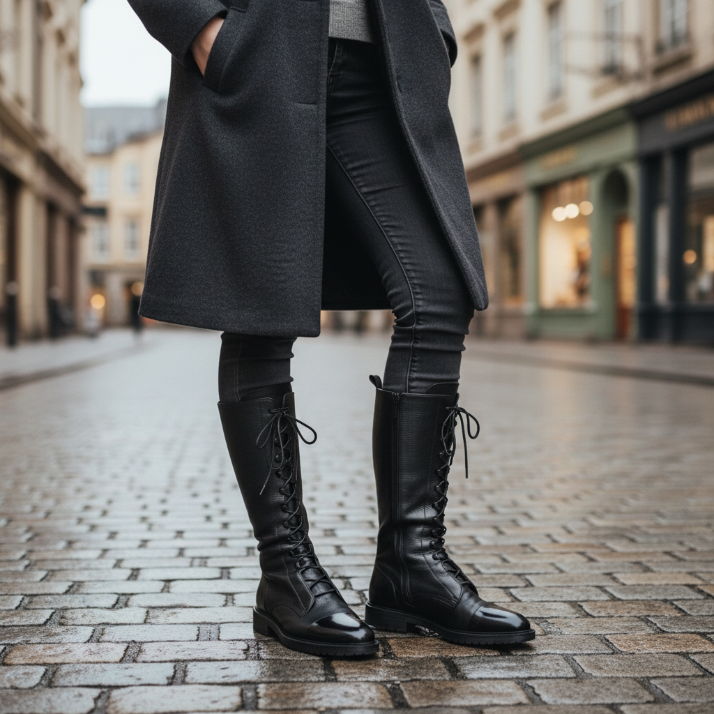Women's black lace-up high boots made from vegan leather, perfect for autumn and winter fashion.