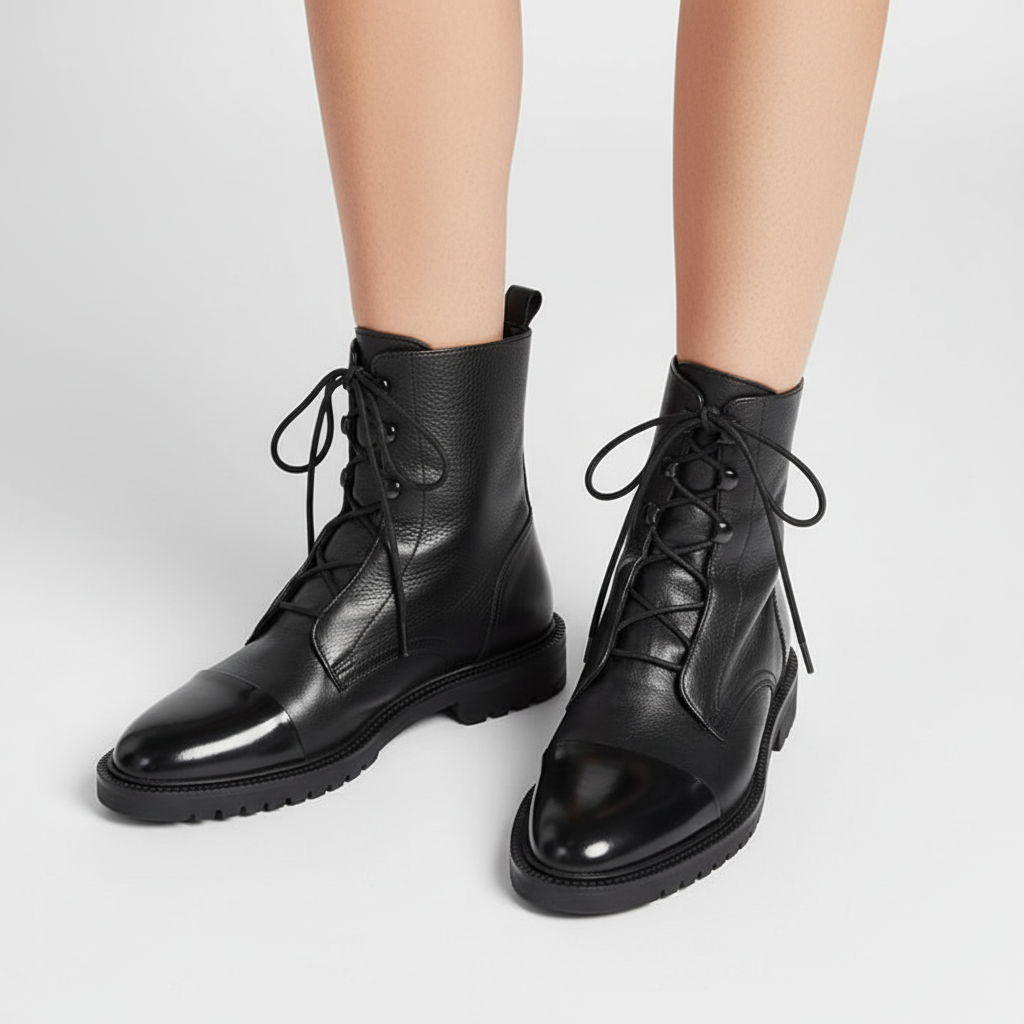 Comfortable women's vegan leather lace-up boots with non-slip sole, ideal for cold weather.