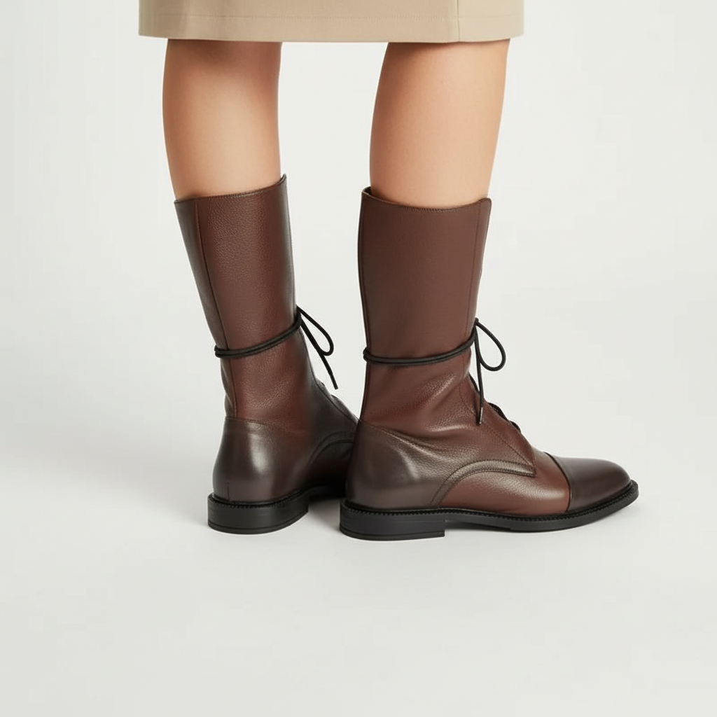Black vegan leather women's boots with lace-up front, durable and comfortable for cold seasons.