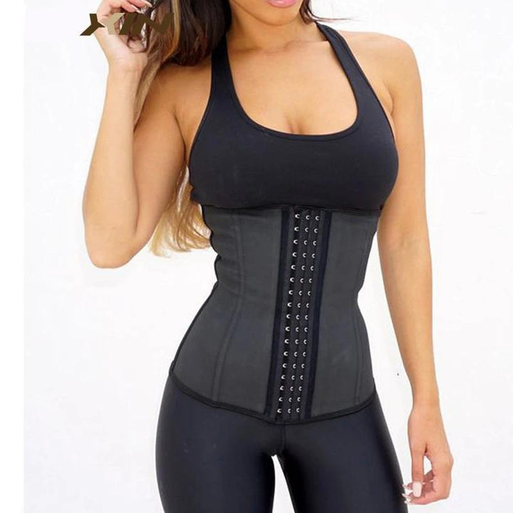 Women's black latex waist trainer for hourglass shape, offering tummy control and slimming.