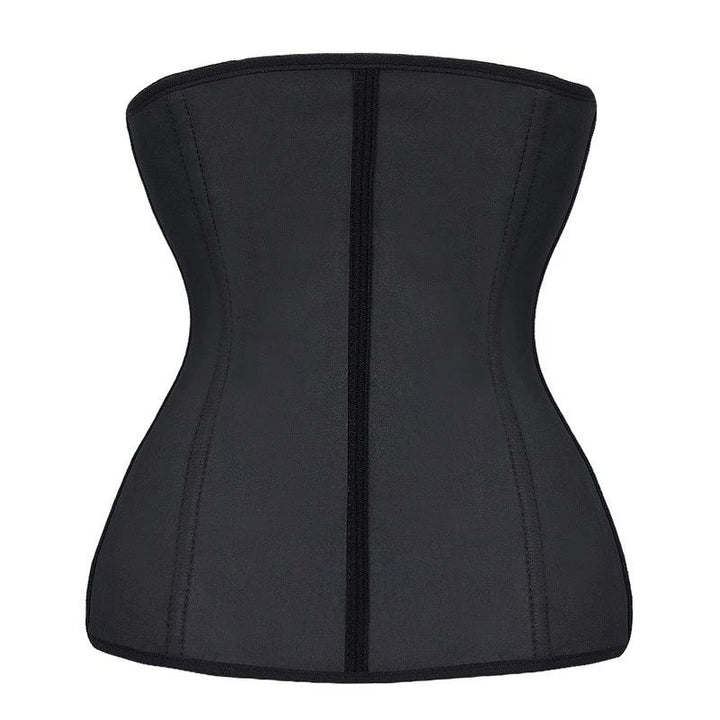 Close-up of latex waist trainer's durable hooks and reinforced stitching for secure fit and slimming.
