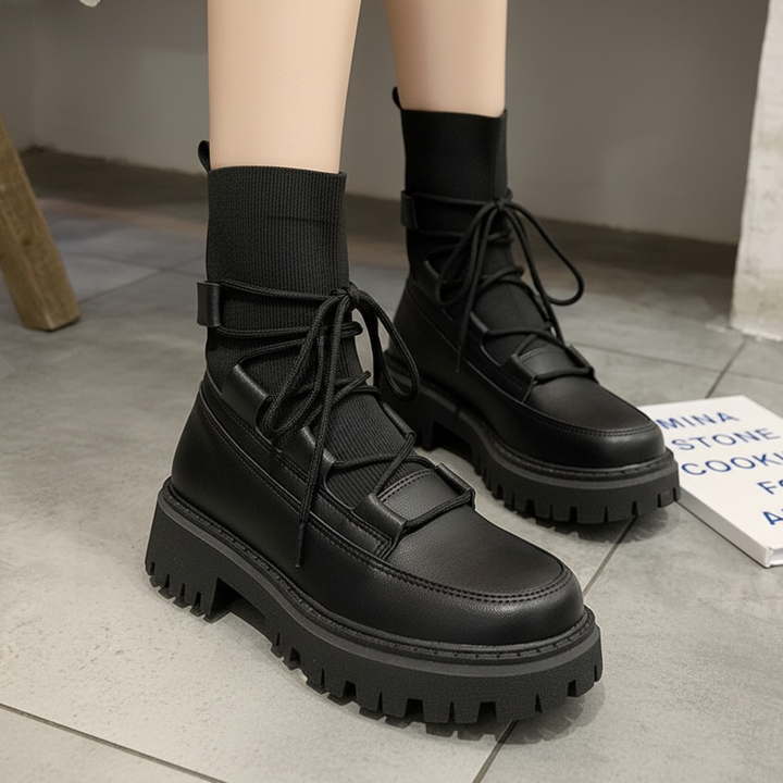Fashionable women's black ankle boots, leather, perfect for cold weather and outdoor activities