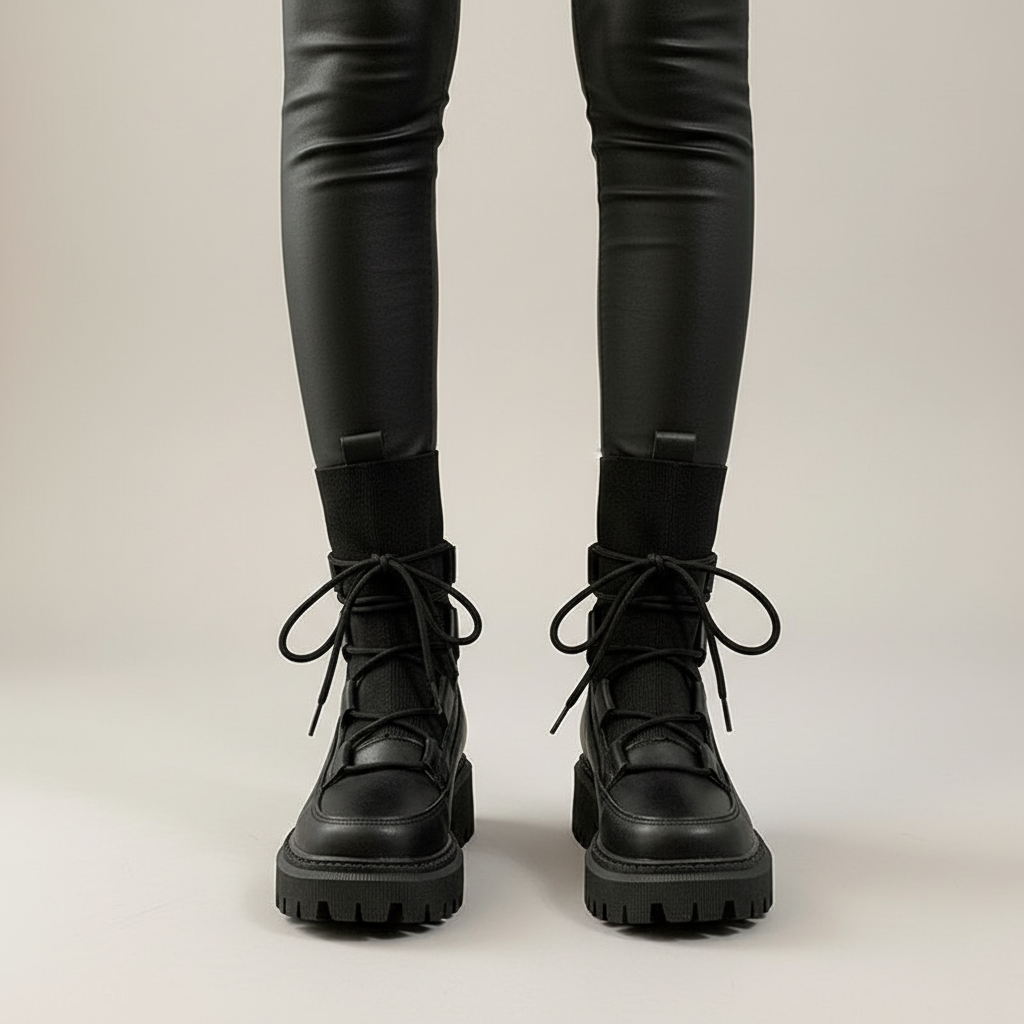 Durable women's winter boots, black leather, with platform for superior outdoor comfort