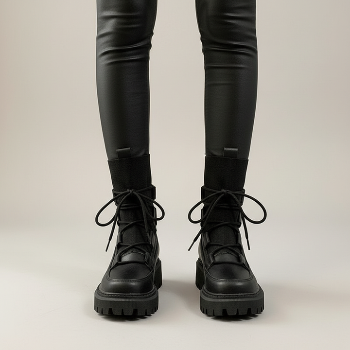 Durable women's winter boots, black leather, with platform for superior outdoor comfort