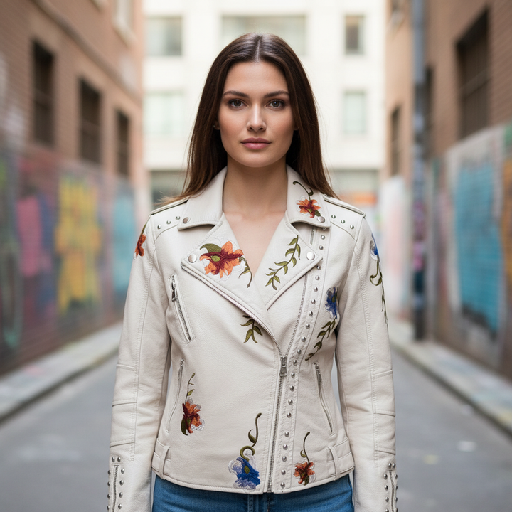 Women's black leather biker jacket with intricate floral embroidery, perfect for stylish autumn wear.