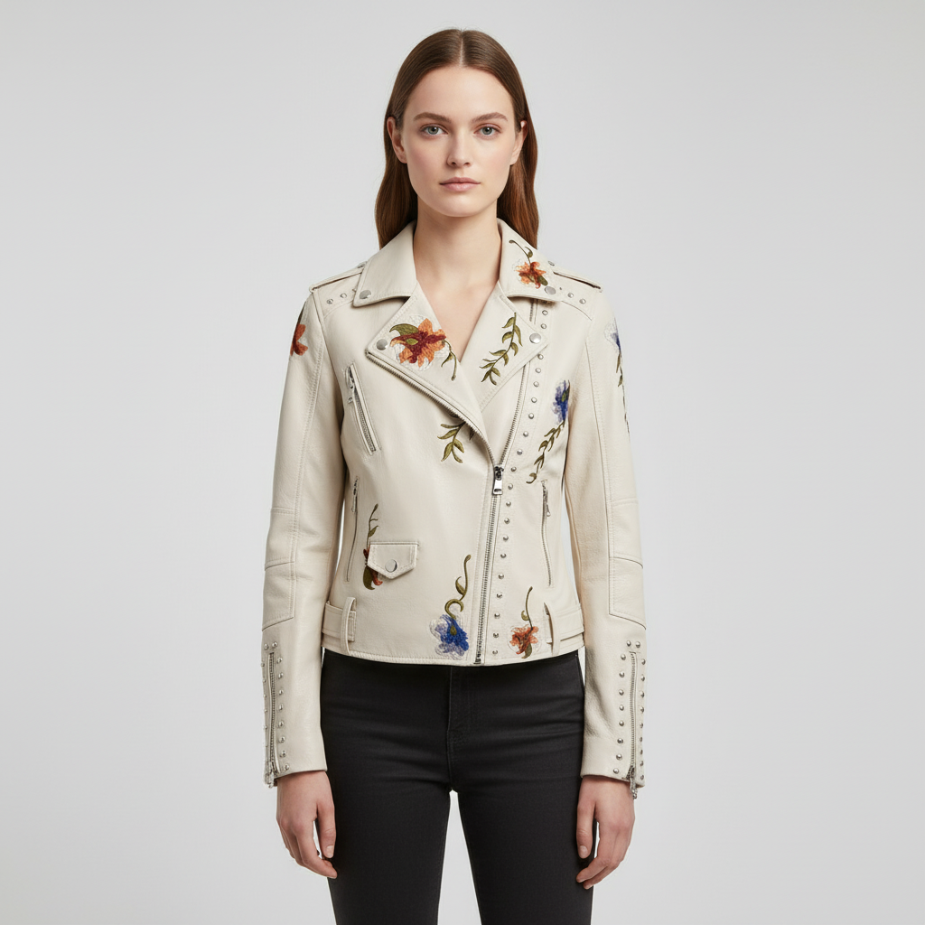 Martina embroidered leather biker jacket for women, featuring a punk style and detailed floral patterns.