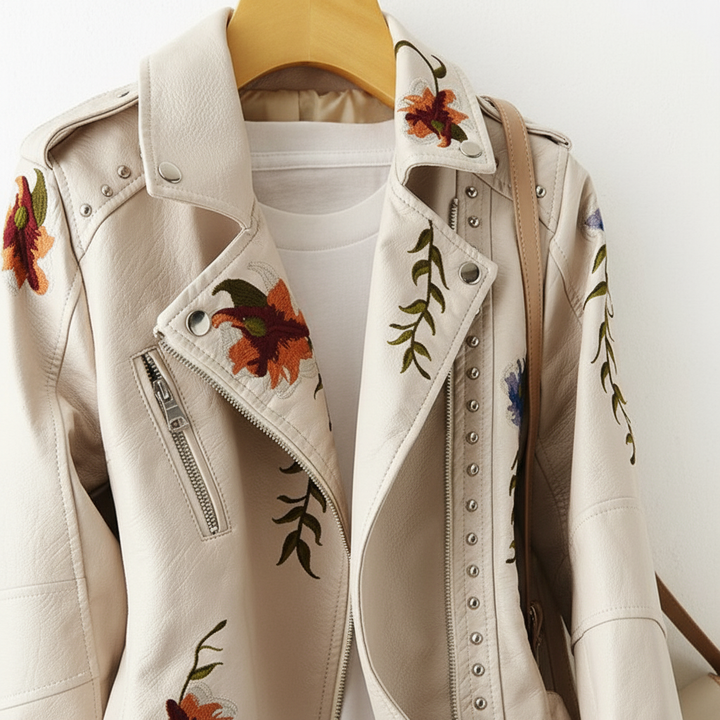 Stylish women's embroidered biker leather jacket, an ideal outerwear for winter fashion.