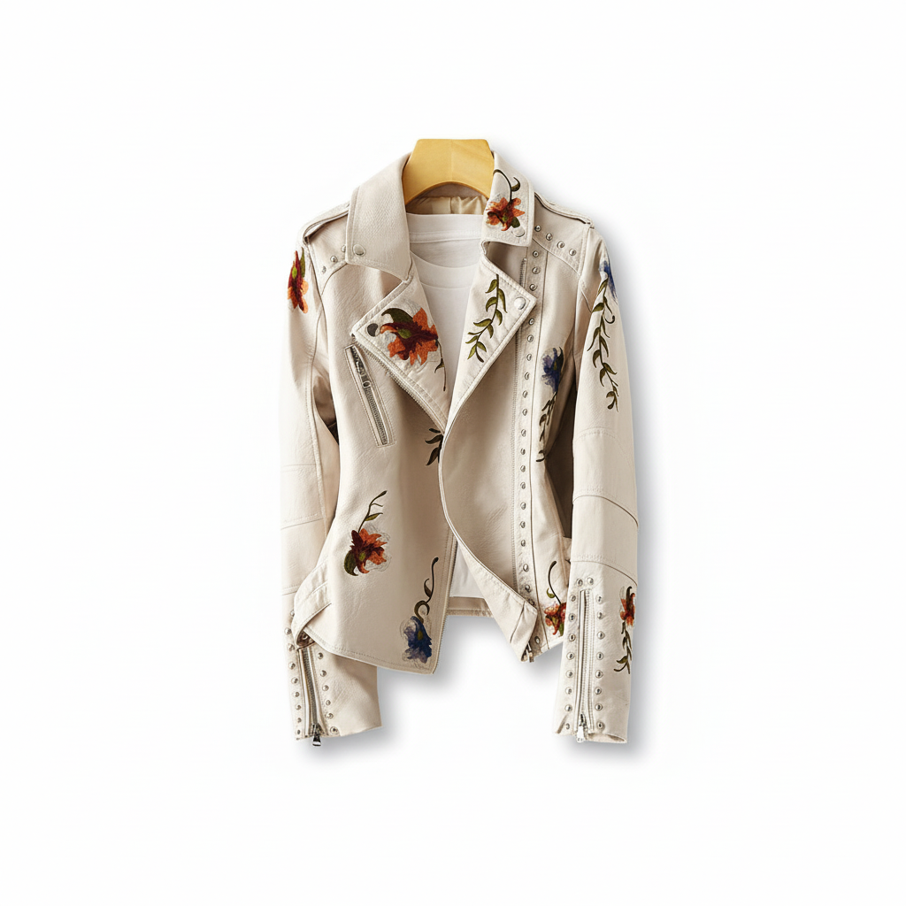 Black leather jacket for women with delicate floral embroidery, offering a unique punk-inspired look.