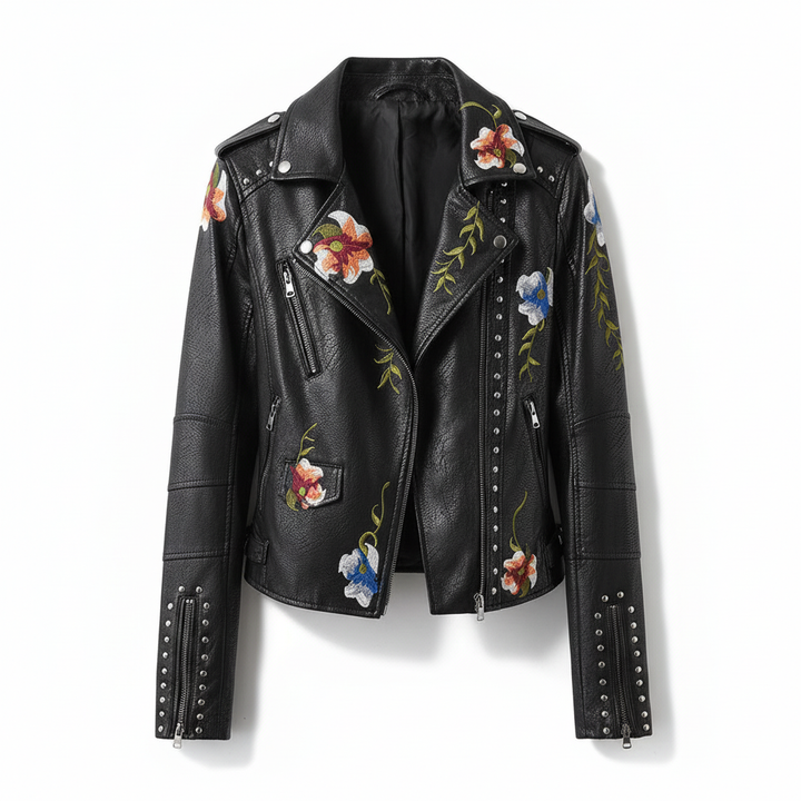 Women's embroidered floral biker jacket, a fashionable leather outerwear for all seasons.